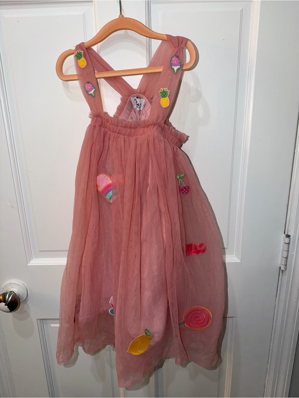 Lola and the Boys Girls' Pink Mesh Dress with Fun Fruit & Candy Patches